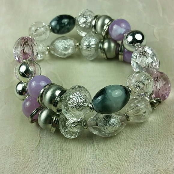 Double Strand Stretch Bracelet Pastel Pink Purple Silver Glass Beads Chunky Glam - Picture 3 of 4
